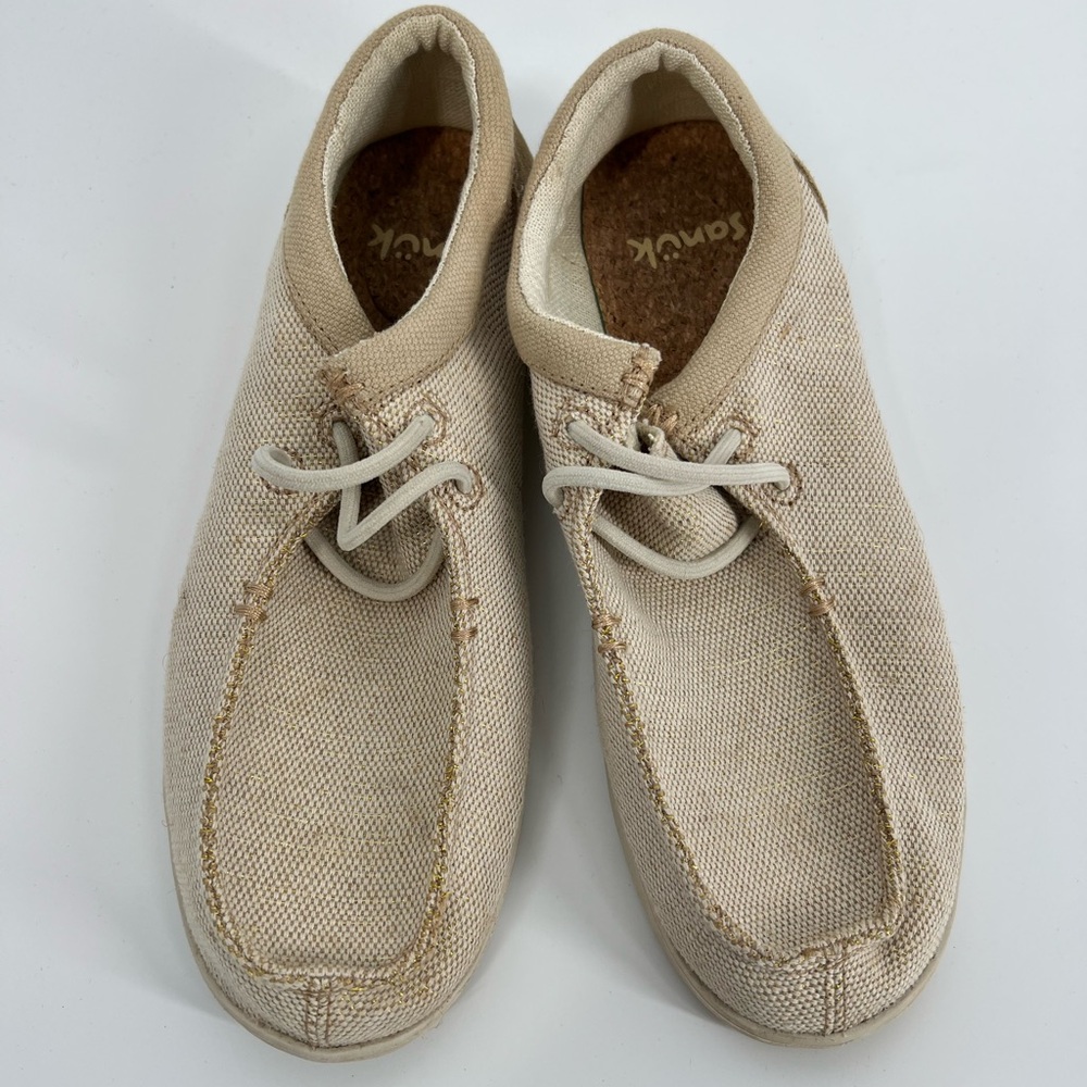 Sanuk canvas tan slip ons size 7.5